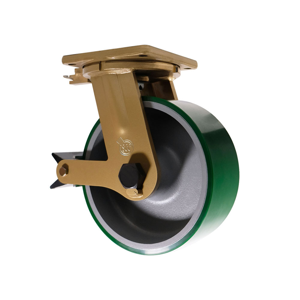 12 Inch Swivel Poly Caster - Green Poly on Cast Iron Wheel with Tapered Bearings - Posi Lock Brake and Welded On Swivel Lock-Super Heavy Duty Caster-6,000 lbs. Capacity Per Caster-Service Caster Brand — photo 1