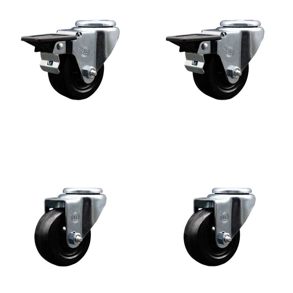 Hard Rubber Swivel Bolt Hole Caster Set of 4 w/3" x 1.25" Black Wheels - Includes 2 with Posi Locking Brakes - 1100 lbs Total Capacity - Service Caster Brand — photo 1