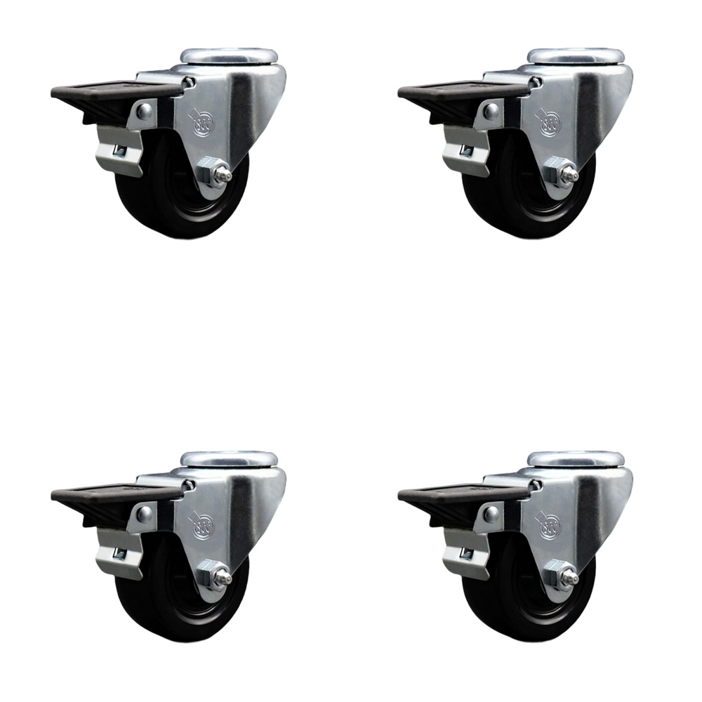 Hard Rubber Swivel Bolt Hole Caster Set of 4 w/3" x 1.25" Black Wheels - Includes 4 Swivel with Posi Lock Brakes - 1100 lbs Total Capacity - Service Caster Brand — photo 1