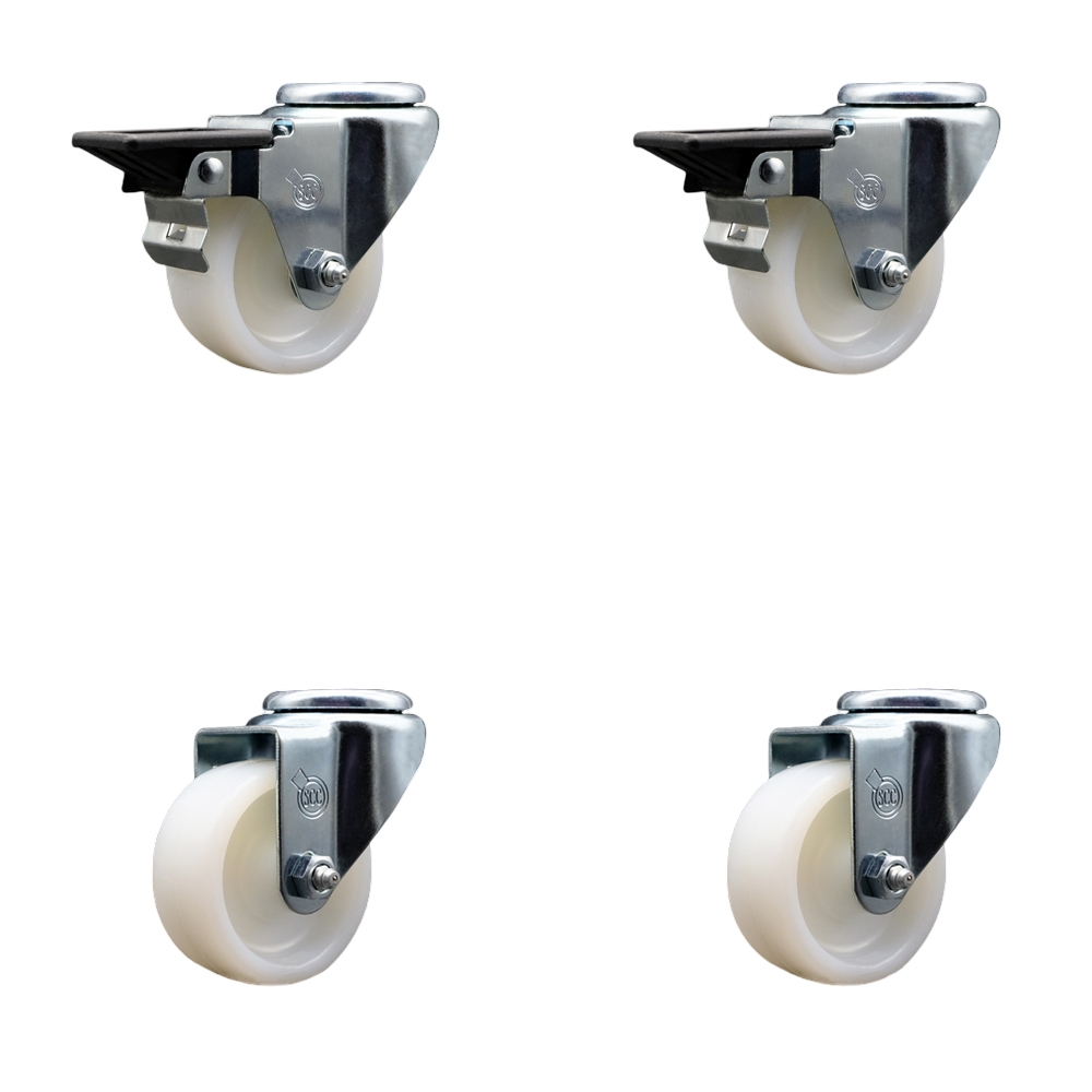 Nylon Swivel Bolt Hole Caster Set of 4 w/3" x 1.25" White Wheels - Includes 2 with Posi Locking Brakes - 1200 lbs Total Capacity - Service Caster Brand — photo 1