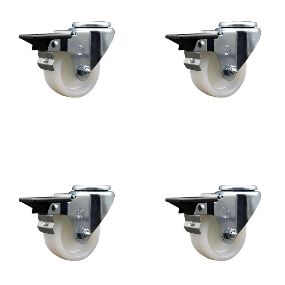Nylon Swivel Bolt Hole Caster Set of 4 w/3" x 1.25" White Wheels - Includes 4 Swivel with Posi Lock Brakes - 1200 lbs Total Capacity - Service Caster Brand — photo 1