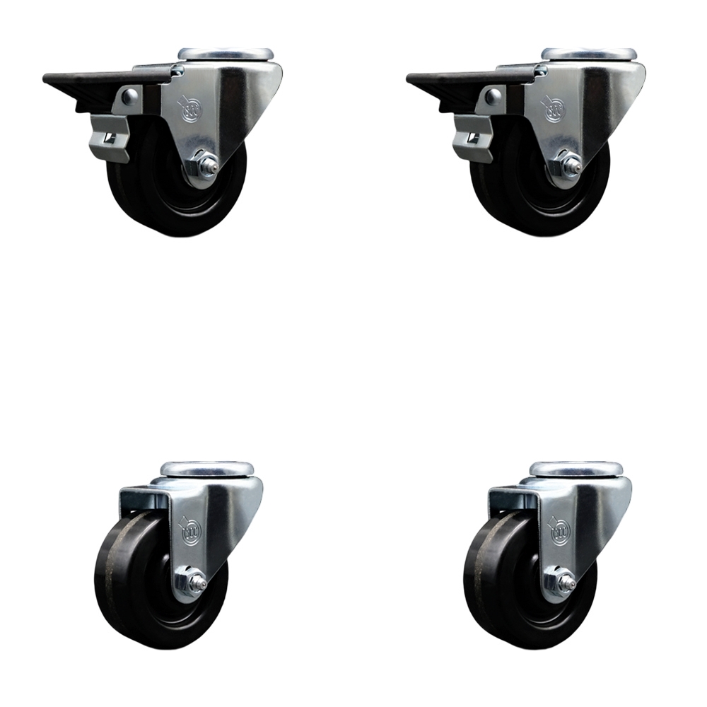 Phenolic Swivel Bolt Hole Caster Set of 4 w/3" x 1.25" Black Wheels - Includes 2 with Posi Locking Brakes - 1200 lbs Total Capacity - Service Caster Brand — photo 1