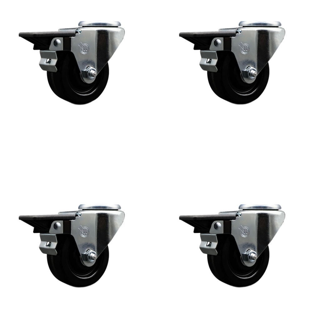 Phenolic Swivel Bolt Hole Caster w/Roller Bearing Set of 4 w/3" x 1.25" Black Wheels - Includes 4 Swivel with Posi Lock Brakes - 1200 lbs Total Capacity - Service Caster Brand — photo 1