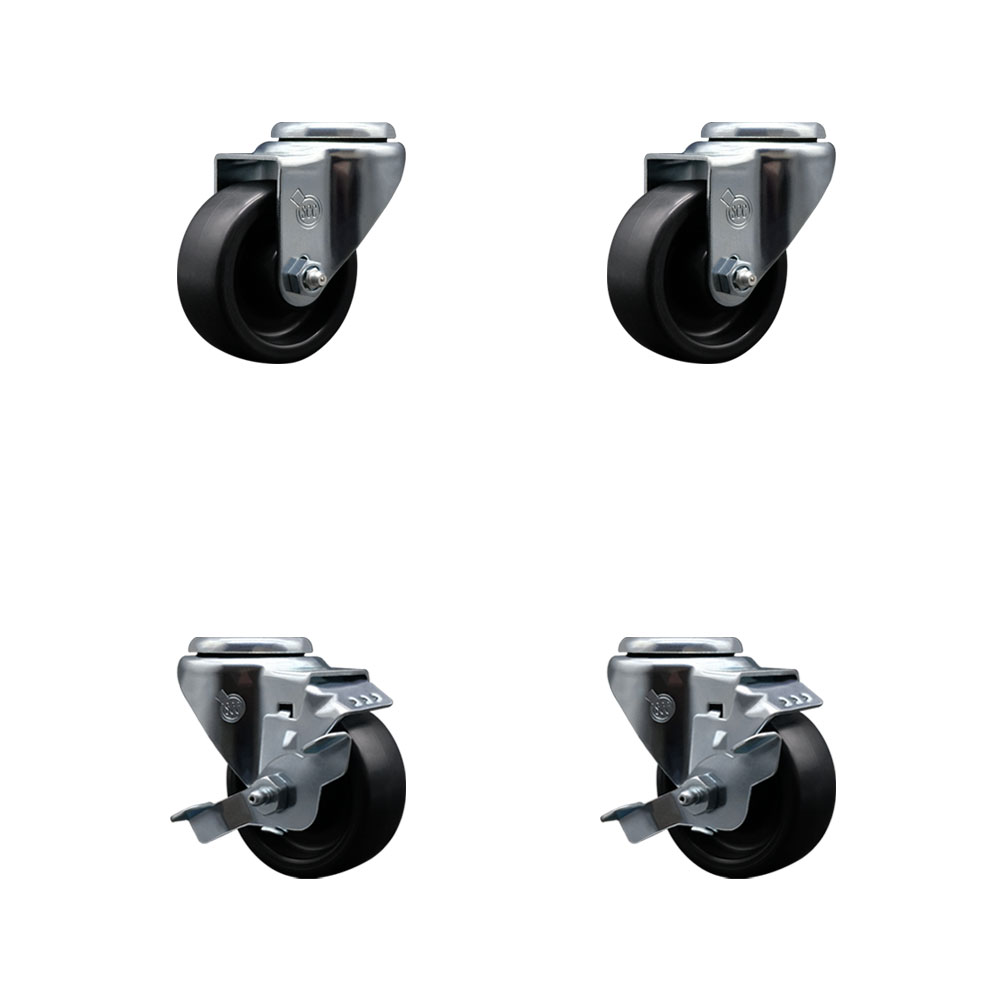 Polyolefin Swivel Bolt Hole Caster Wheels Set of 4 with 3 Inch Black Wheels - Includes 2 with Top Lock Brakes - 1200 lbs. Total Capacity - Service Caster Brand — photo 1