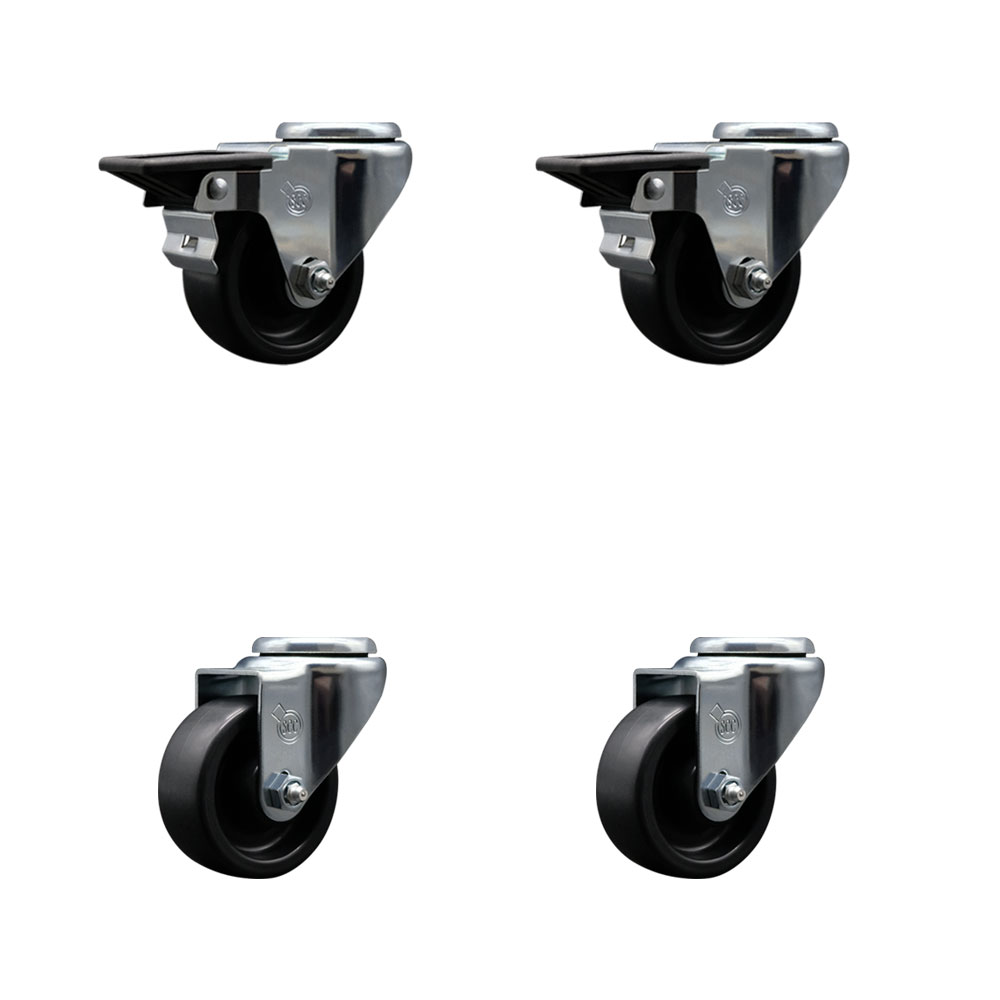 Polyolefin Swivel Bolt Hole Caster Wheels Set of 4 with 3 Inch Black Wheels - Includes 2 with Posi Lock Brakes - 1200 lbs. Total Capacity - Service Caster Brand — photo 1