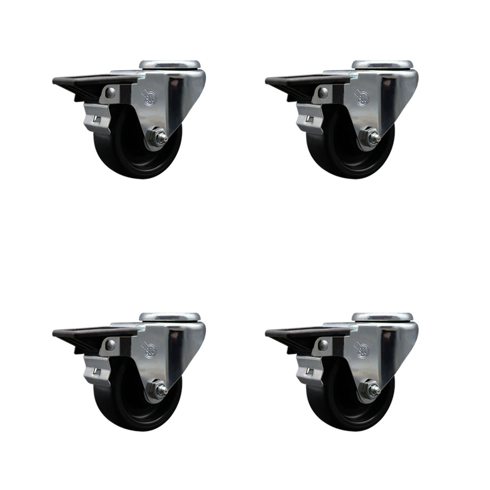 Polyolefin Swivel Bolt Hole Caster Wheels Set of 4 with 3 Inch Black Wheels - Includes 4 Swivel with Posi Lock Brakes - 1200 lbs. Total Capacity - Service Caster Brand — photo 1
