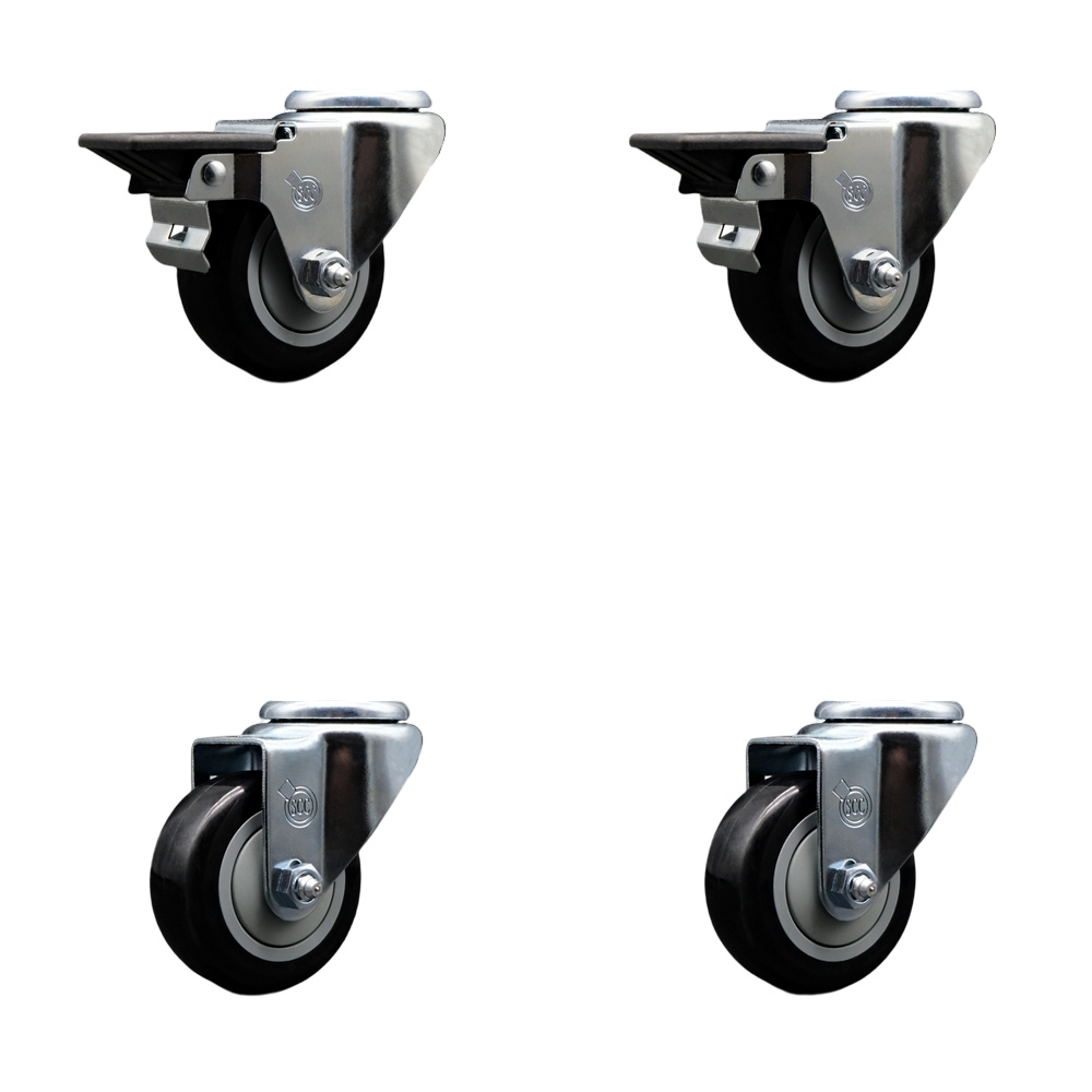 Polyurethane Swivel Bolt Hole Caster Set of 4 w/3" x 1.25" Black Wheels - Includes 2 with Posi Locking Brakes - 1200 lbs Total Capacity - Service Caster Brand — photo 1