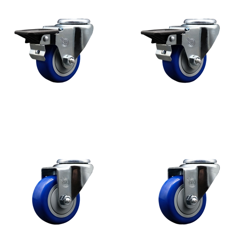 Polyurethane Swivel Bolt Hole Caster Set of 4 w/3" x 1.25" Blue Wheels - Includes 2 with Posi Locking Brakes - 1200 lbs Total Capacity - Service Caster Brand — photo 1