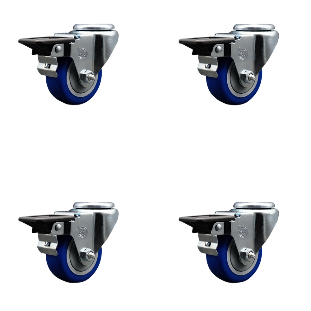 Polyurethane Swivel Bolt Hole Caster Set of 4 w/3" x 1.25" Blue Wheels - Includes 4 Swivel with Posi Lock Brakes - 1200 lbs Total Capacity - Service Caster Brand — photo 1