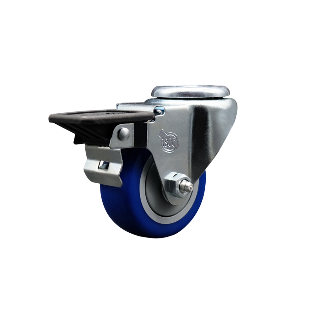 Polyurethane Swivel Bolt Hole Caster w/3" x 1.25" Blue Wheel & Posi Locking Brake - 300 lbs Capacity/Caster - Service Caster Brand — photo 1