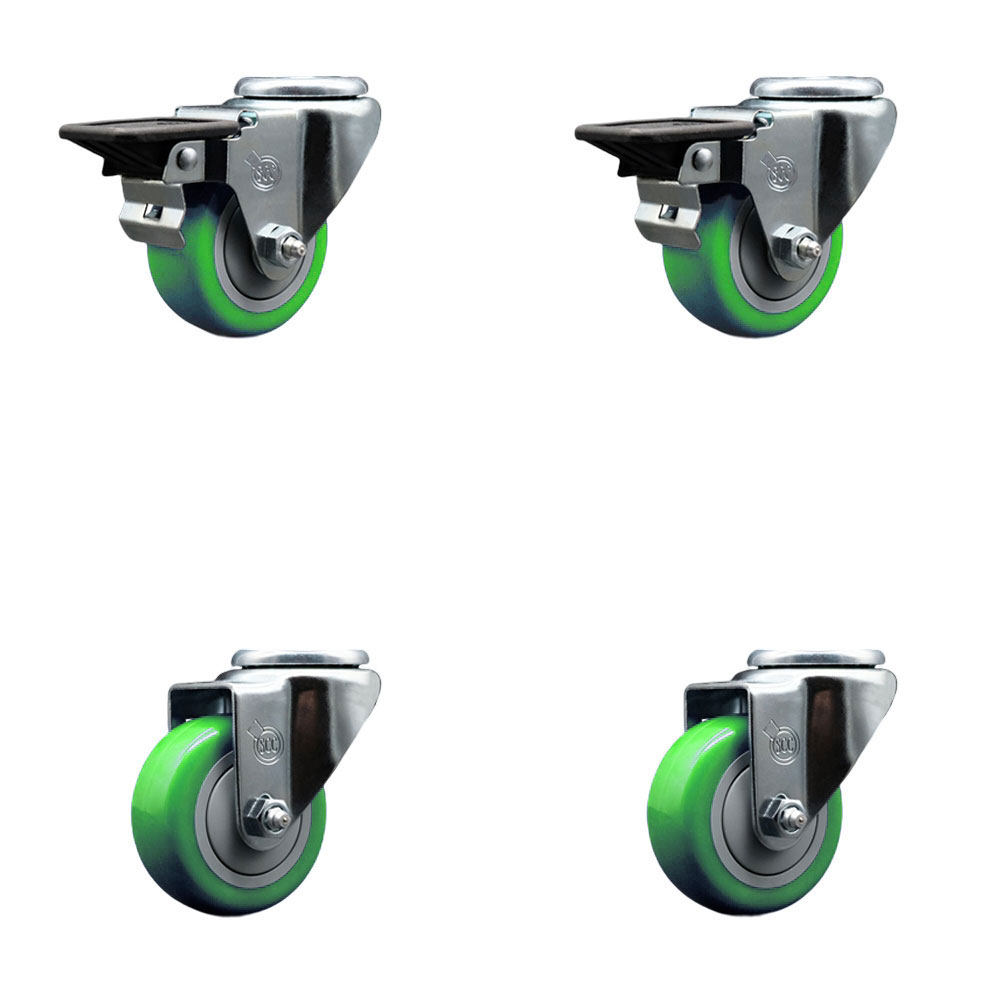 Polyurethane Swivel Bolt Hole Caster Set of 4 w/3" x 1.25" Green Wheels - Includes 2 with Posi Locking Brakes - 1200 lbs Total Capacity - Service Caster Brand — photo 1