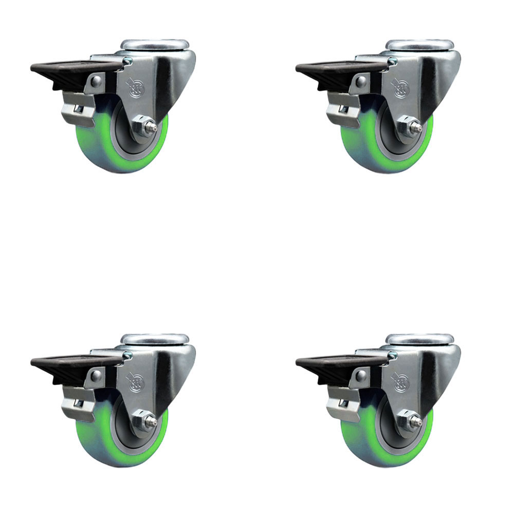 Polyurethane Swivel Bolt Hole Caster Set of 4 w/3" x 1.25" Green Wheels - Includes 4 Swivel with Posi Lock Brakes - 1200 lbs Total Capacity - Service Caster Brand — photo 1