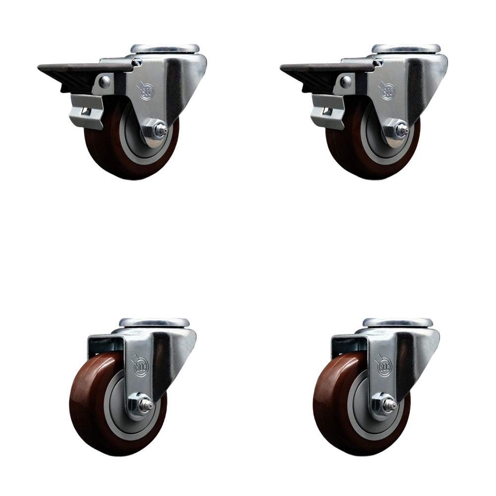 Polyurethane Swivel Bolt Hole Caster Set of 4 w/3" x 1.25" Maroon Wheels - Includes 2 with Posi Locking Brakes - 1200 lbs Total Capacity - Service Caster Brand — photo 1