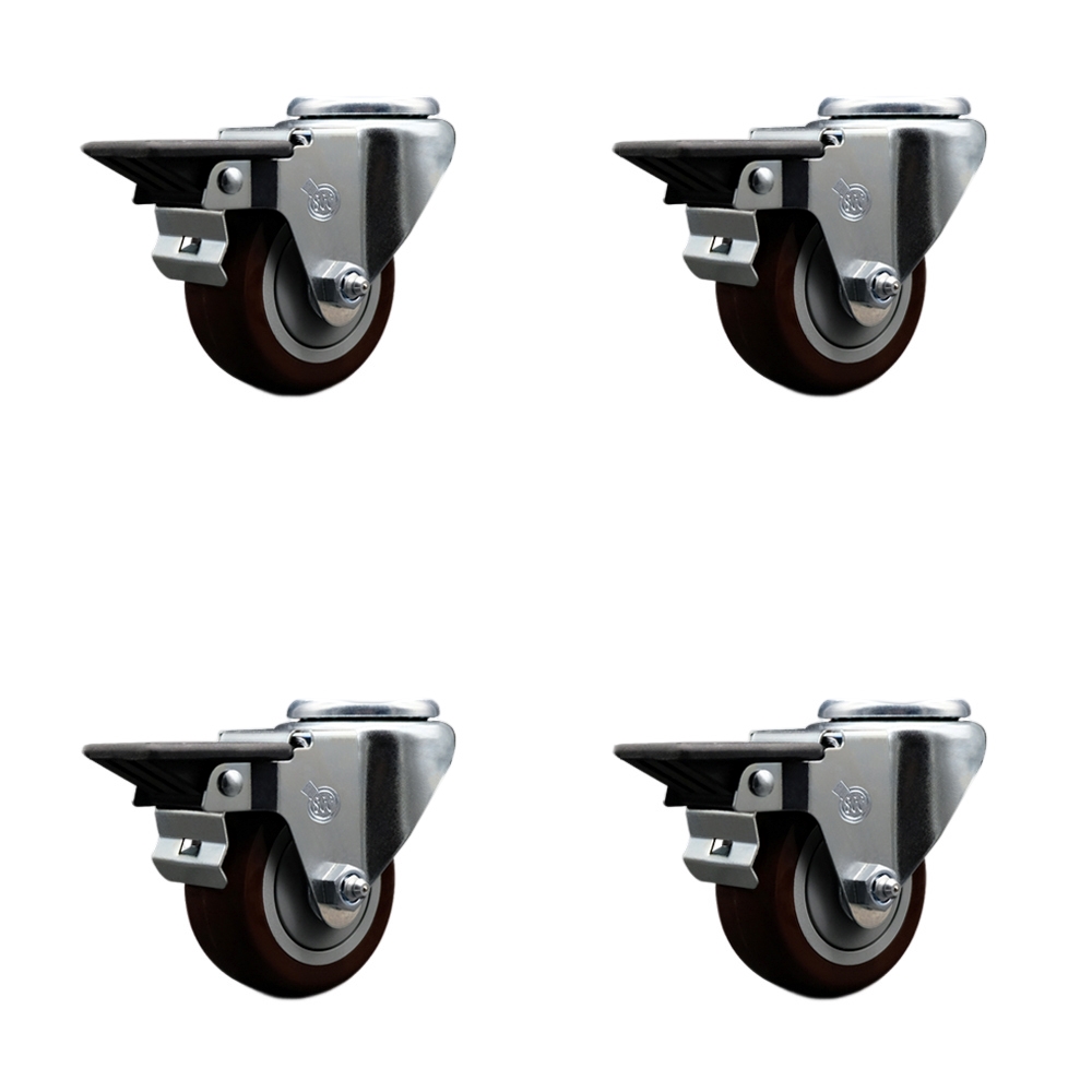 Polyurethane Swivel Bolt Hole Caster Set of 4 w/3" x 1.25" Maroon Wheels - Includes 4 Swivel with Posi Lock Brakes - 1200 lbs Total Capacity - Service Caster Brand — photo 1