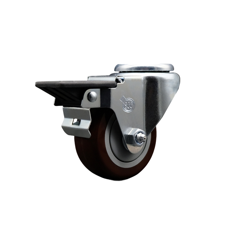 Polyurethane Swivel Bolt Hole Caster w/3" x 1.25" Maroon Wheel & Posi Locking Brake - 300 lbs Capacity/Caster - Service Caster Brand — photo 1