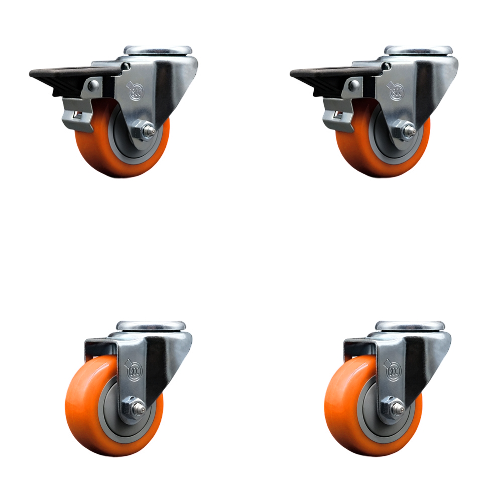 Polyurethane Swivel Bolt Hole Caster Set of 4 w/3" x 1.25" Orange Wheels - Includes 2 with Posi Locking Brakes - 1200 lbs Total Capacity - Service Caster Brand — photo 1