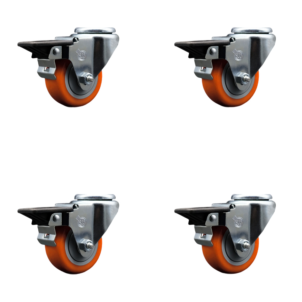 Polyurethane Swivel Bolt Hole Caster Set of 4 w/3" x 1.25" Orange Wheels - Includes 4 Swivel with Posi Lock Brakes - 1200 lbs Total Capacity - Service Caster Brand — photo 1