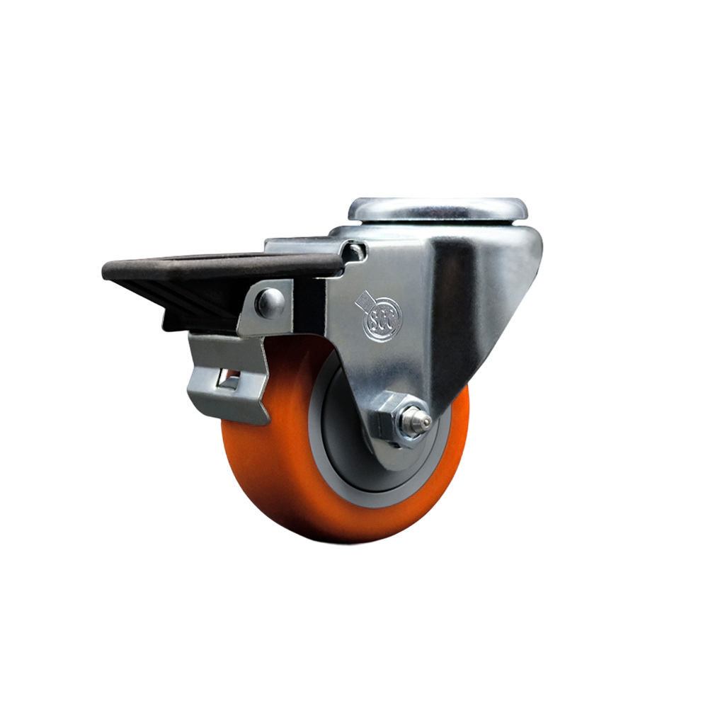 Polyurethane Swivel Bolt Hole Caster w/3" x 1.25" Orange Wheel & Posi Locking Brake - 300 lbs Capacity/Caster - Service Caster Brand — photo 1