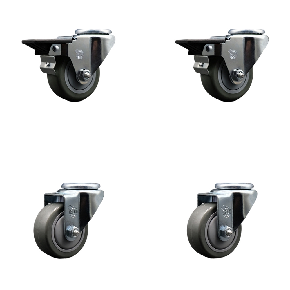 Polyurethane Swivel Bolt Hole Caster Set of 4 w/3" x 1.25" Gray Wheels - Includes 2 with Posi Locking Brakes - 1200 lbs Total Capacity - Service Caster Brand — photo 1
