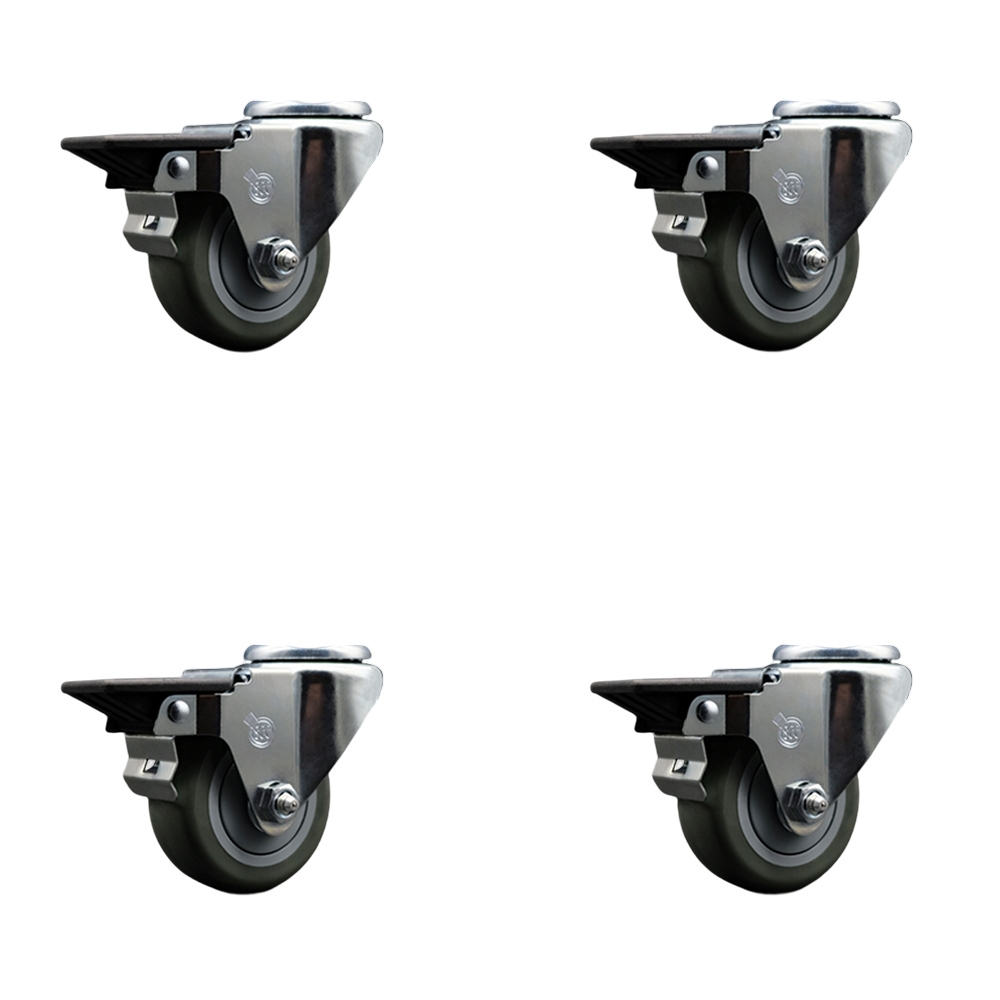 Polyurethane Swivel Bolt Hole Caster Set of 4 w/3" x 1.25" Gray Wheels - Includes 4 Swivel with Posi Lock Brakes - 1200 lbs Total Capacity - Service Caster Brand — photo 1