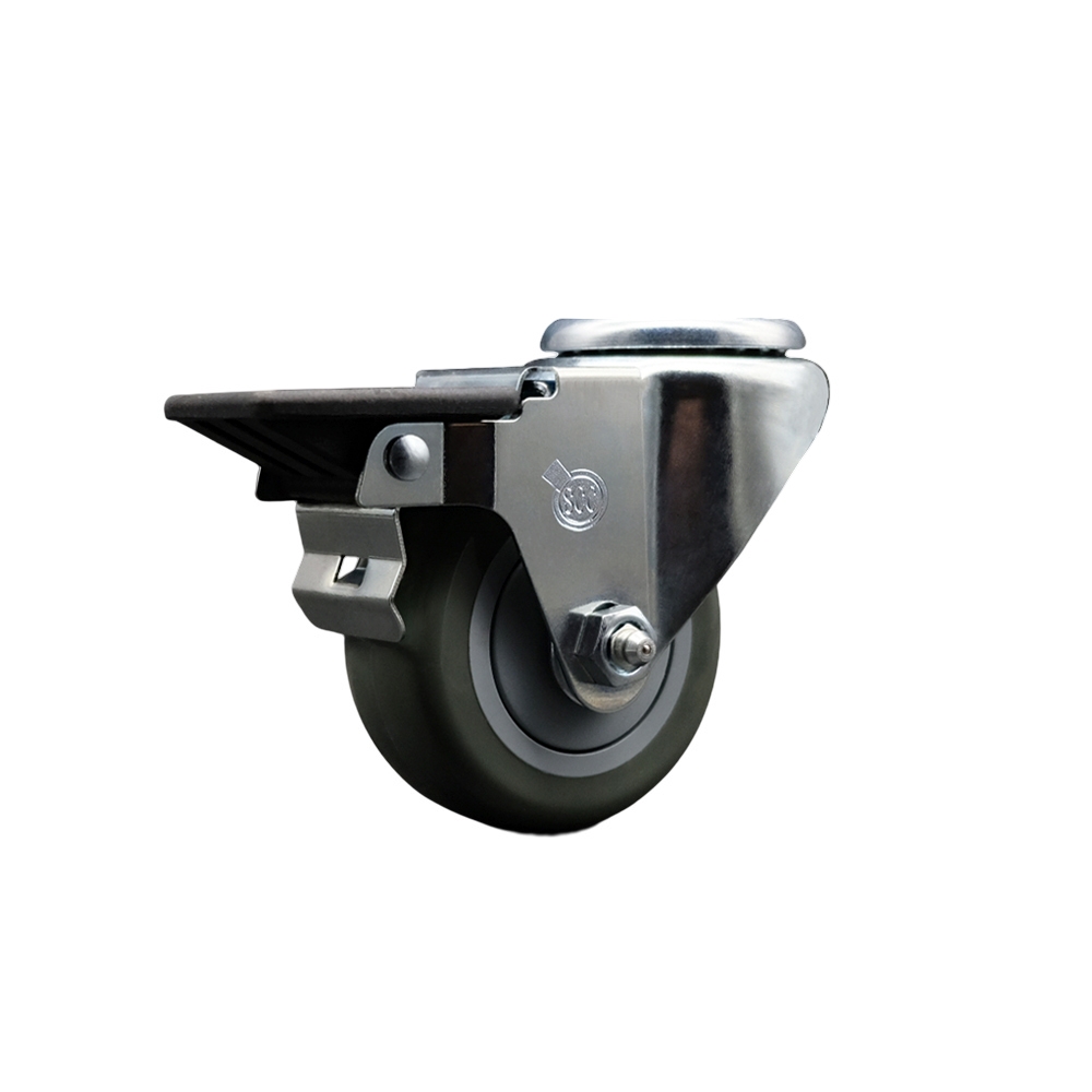 Polyurethane Swivel Bolt Hole Caster w/3" x 1.25" Gray Wheel & Posi Locking Brake - 300 lbs Capacity/Caster - Service Caster Brand — photo 1