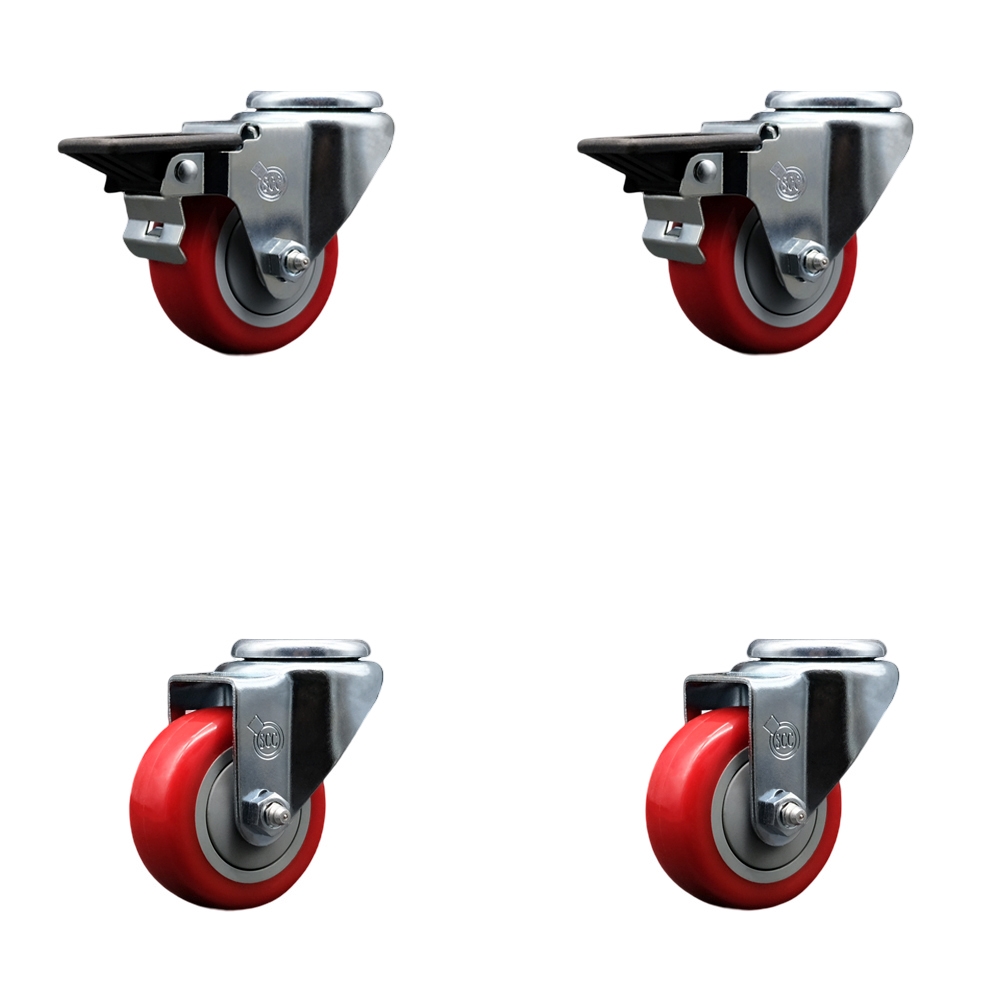 Polyurethane Swivel Bolt Hole Caster Set of 4 w/3" x 1.25" Red Wheels - Includes 2 with Posi Locking Brakes - 1200 lbs Total Capacity - Service Caster Brand — photo 1