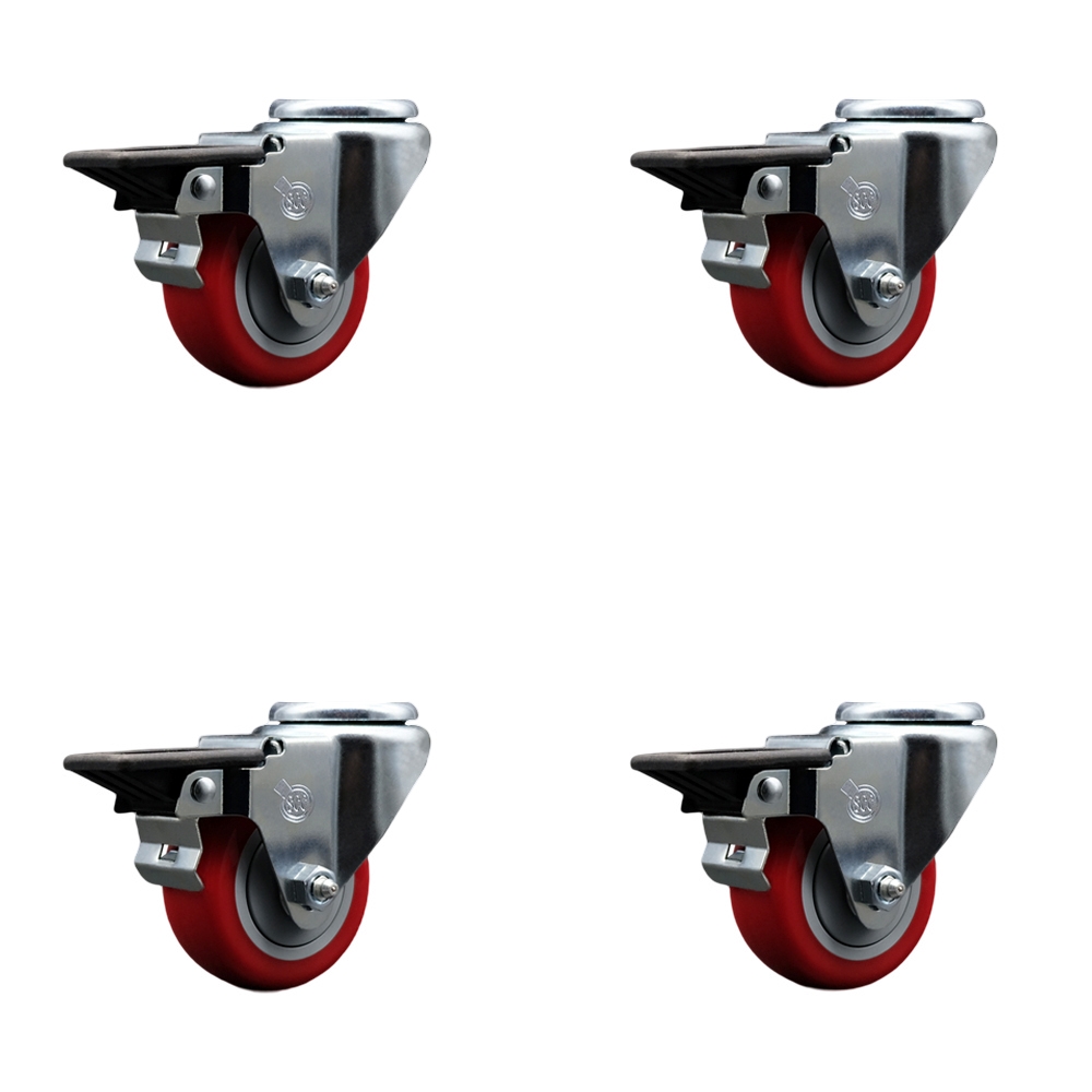 Polyurethane Swivel Bolt Hole Caster Set of 4 w/3" x 1.25" Red Wheels - Includes 4 Swivel with Posi Lock Brakes - 1200 lbs Total Capacity - Service Caster Brand — photo 1