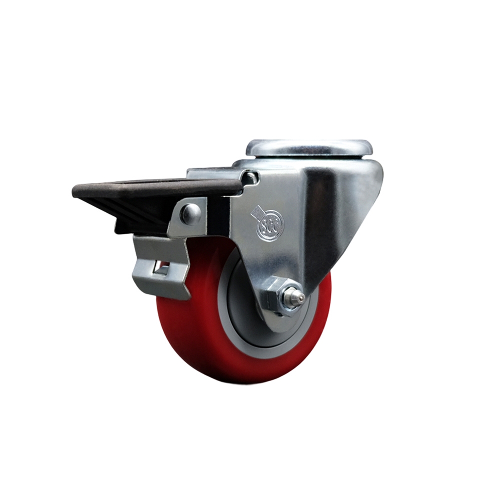 Polyurethane Swivel Bolt Hole Caster w/3" x 1.25" Red Wheel & Posi Locking Brake - 300 lbs Capacity/Caster - Service Caster Brand — photo 1