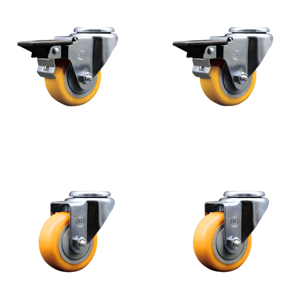 Polyurethane Swivel Bolt Hole Caster Set of 4 w/3" x 1.25" Yellow Wheels - Includes 2 with Posi Locking Brakes - 1200 lbs Total Capacity - Service Caster Brand — photo 1