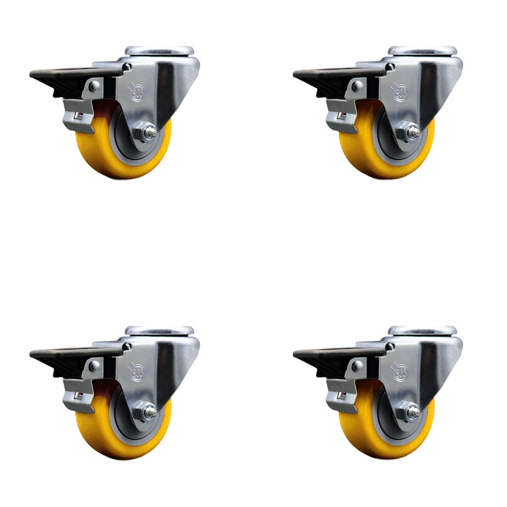 Polyurethane Swivel Bolt Hole Caster Set of 4 w/3" x 1.25" Yellow Wheels - Includes 4 Swivel with Posi Lock Brakes - 1200 lbs Total Capacity - Service Caster Brand — photo 1