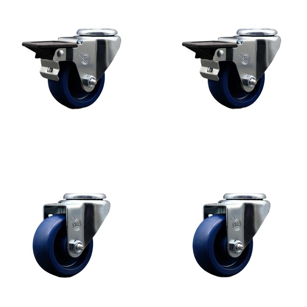 Solid Polyurethane Swivel Bolt Hole Caster Set of 4 w/3" x 1.25" Blue Wheels - Includes 2 with Posi Locking Brakes - 1200 lbs Total Capacity - Service Caster Brand — photo 1
