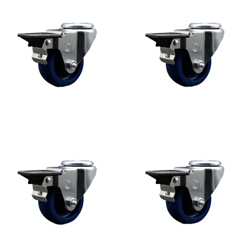 Solid Polyurethane Swivel Bolt Hole Caster Set of 4 w/3" x 1.25" Blue Wheels - Includes 4 Swivel with Posi Lock Brakes - 1200 lbs Total Capacity - Service Caster Brand — photo 1