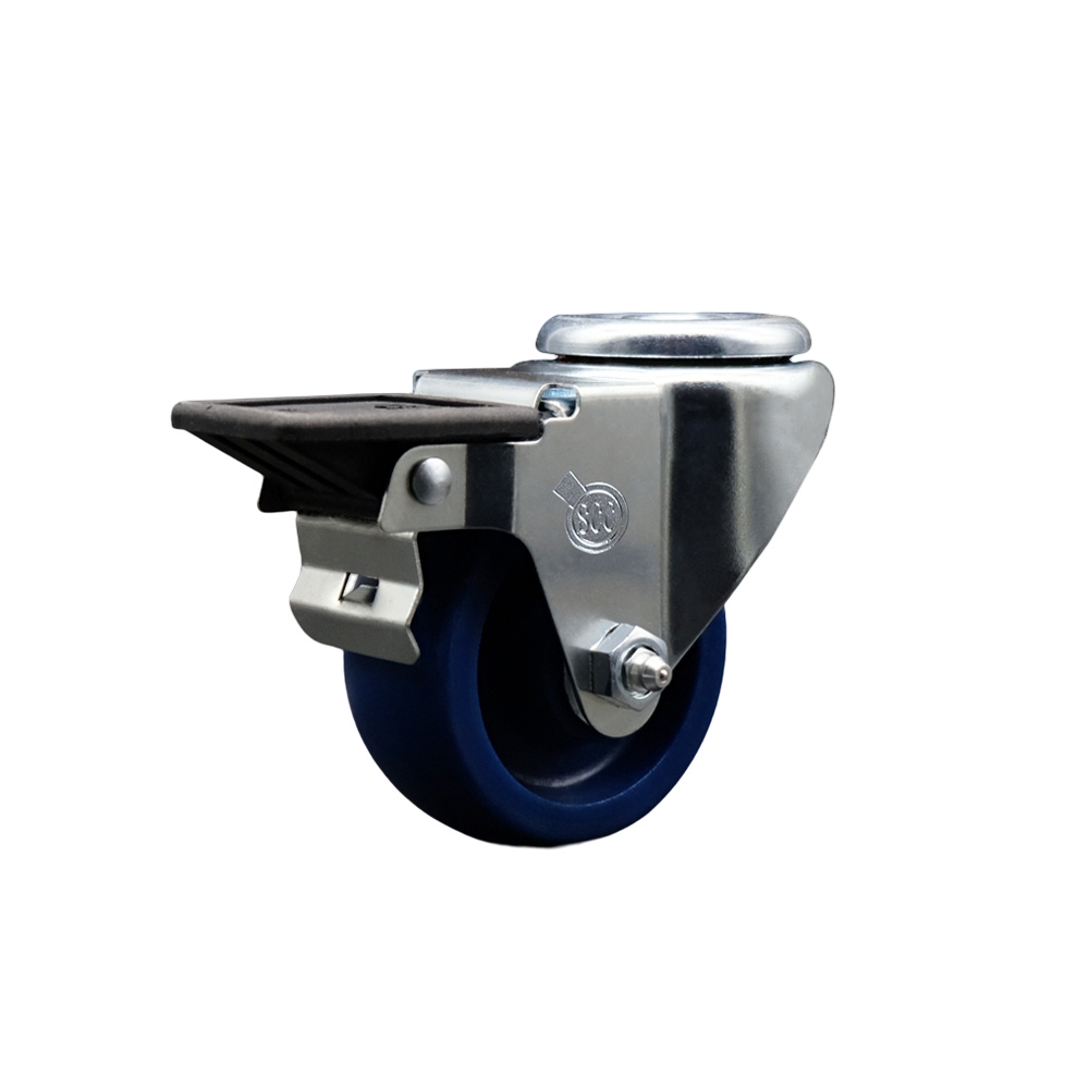 Solid Polyurethane Swivel Bolt Hole Caster w/3" x 1.25" Blue Wheel & Posi Locking Brake - 300 lbs Capacity/Caster - Service Caster Brand — photo 1