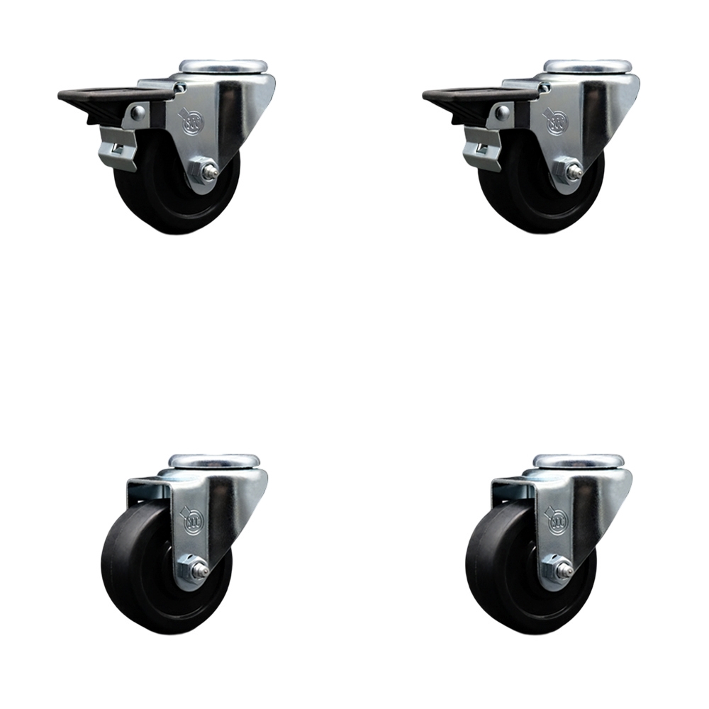 Soft Rubber Swivel Bolt Hole Caster Set of 4 w/3" x 1.25" Black Wheels - Includes 2 with Posi Locking Brakes - 700 lbs Total Capacity - Service Caster Brand — photo 1