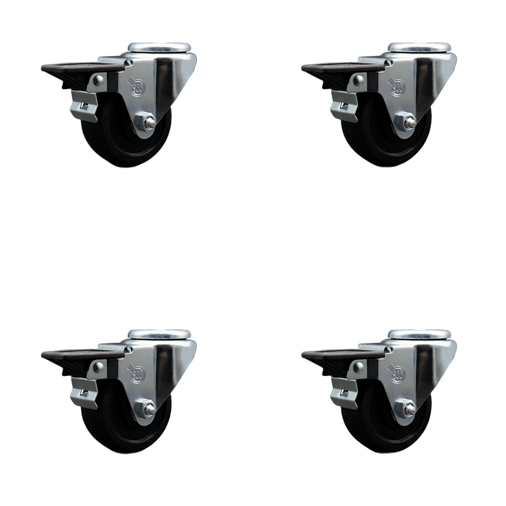 Soft Rubber Swivel Bolt Hole Caster Set of 4 w/3" x 1.25" Black Wheels - Includes 4 Swivel with Posi Lock Brakes - 700 lbs Total Capacity - Service Caster Brand — photo 1