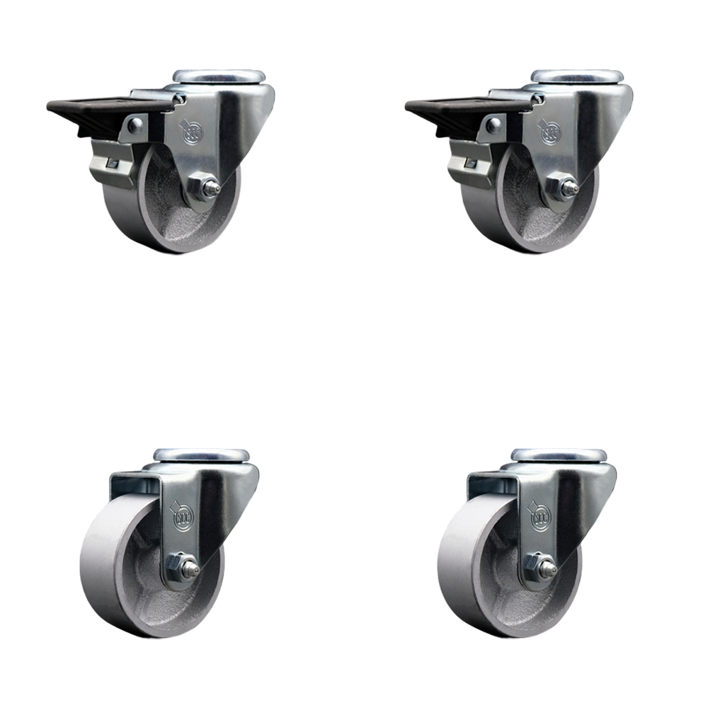 Semi Steel Cast Iron Swivel Bolt Hole Caster Set of 4 w/Roller Bearing - 3" x 1.5" Silver Wheels - Includes 2 with Posi Locking Brakes - 1200 lbs Total Capacity - Service Caster Brand — photo 1