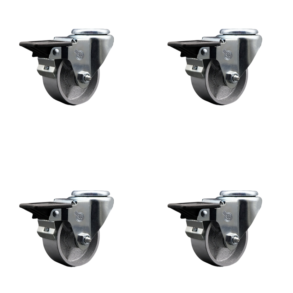 Semi Steel Cast Iron Swivel Bolt Hole Caster Set of 4 w/3" x 1.25" Silver Wheels - Includes 4 Swivel with Posi Lock Brakes - 1200 lbs Total Capacity - Service Caster Brand — photo 1