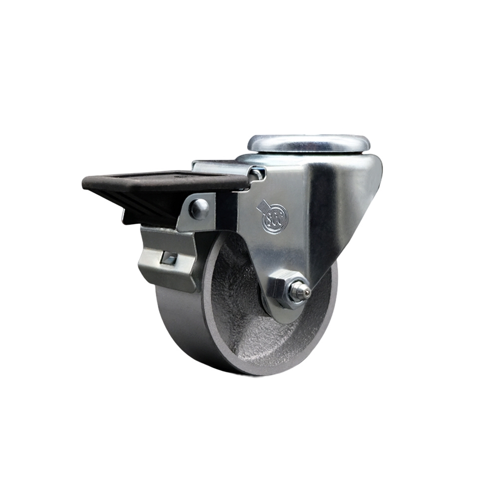 Semi Steel Cast Iron Swivel Bolt Hole Caster w/Roller Bearing - 3" x 1.5" Silver Wheel & Posi Locking Brake - 300 lbs Capacity/Caster - Service Caster Brand — photo 1