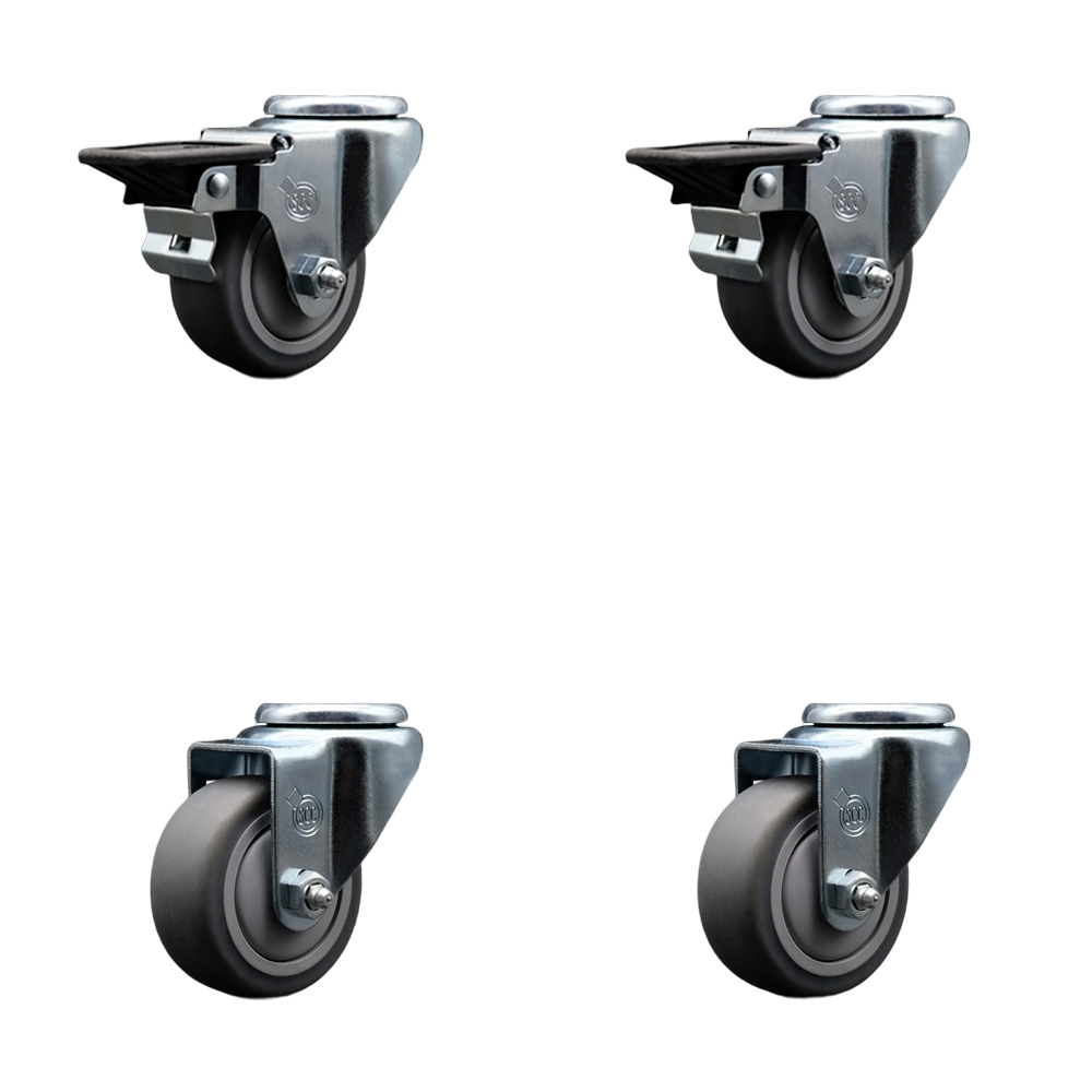 Thermoplastic Rubber Swivel Bolt Hole Caster Set of 4 - 3" x 1.25" Gray Wheels - Includes 2 with Posi Locking Brakes - 840 lbs Total Capacity - Service Caster Brand — photo 1