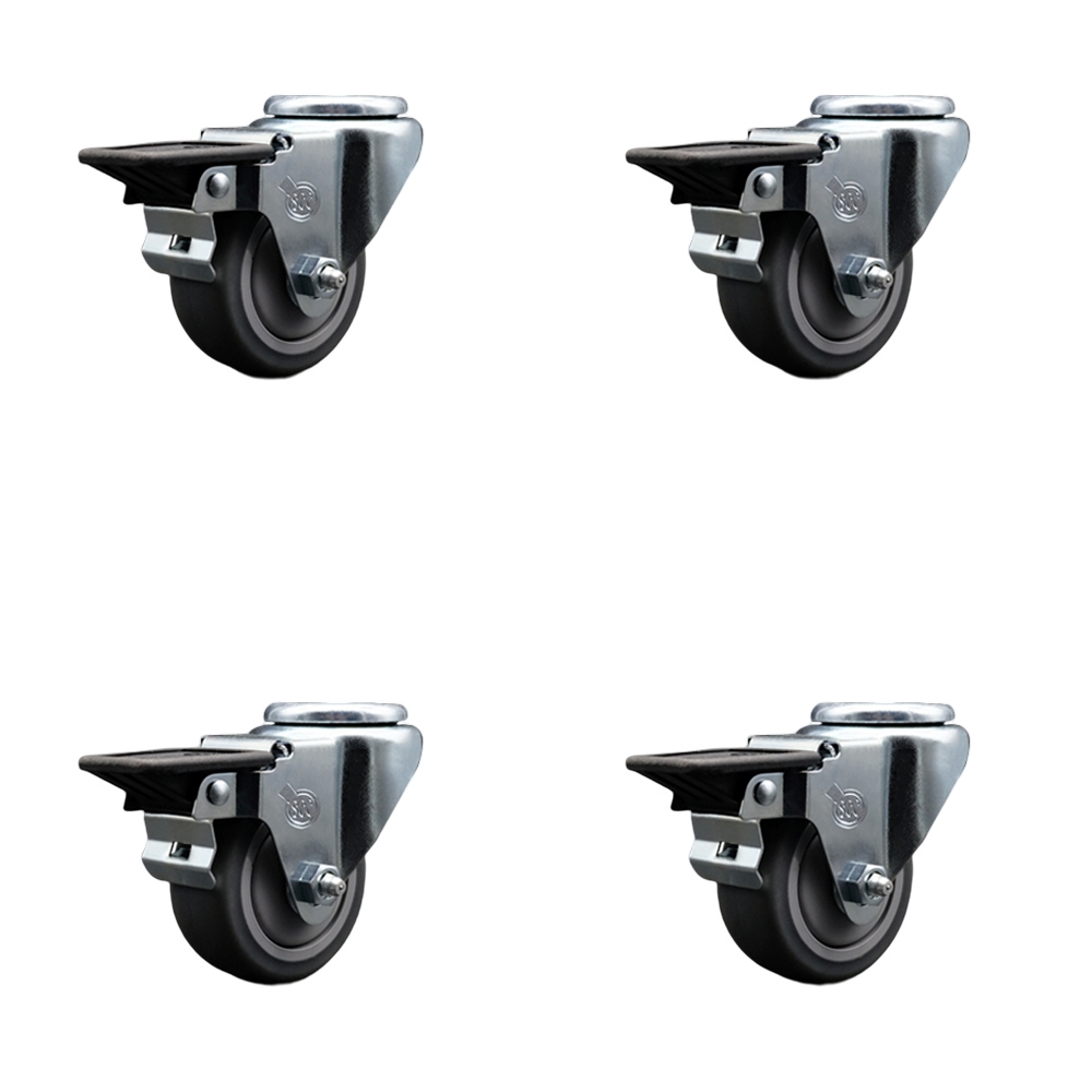 Thermoplastic Rubber Swivel Bolt Hole Caster Set of 4 w/3" x 1.25" Gray Wheels - Includes 4 Swivel with Posi Lock Brakes - 840 lbs Total Capacity - Service Caster Brand — photo 1