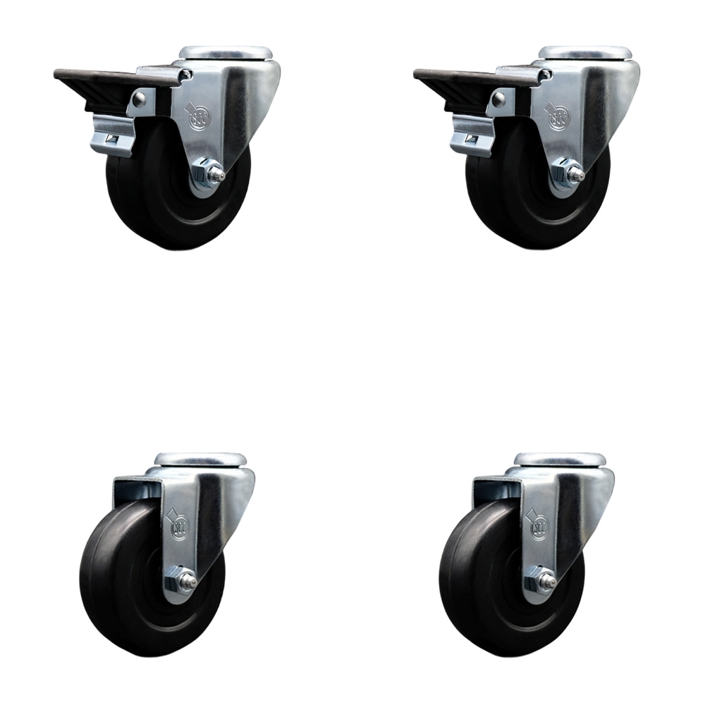 Hard Rubber Swivel Bolt Hole Caster Set of 4 w/3.5" x 1.25" Black Wheels - Includes 2 with Posi Locking Brakes - 1140 lbs Total Capacity - Service Caster Brand — photo 1