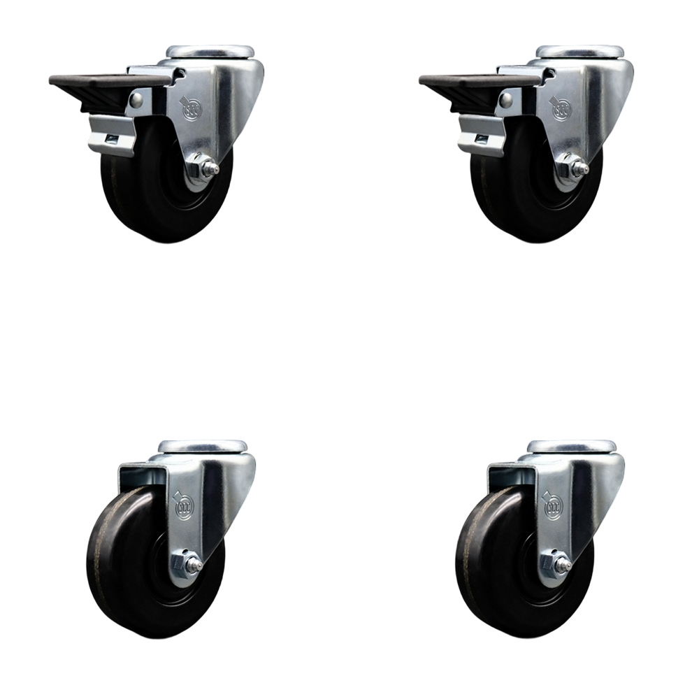 Phenolic Swivel Bolt Hole Caster Set of 4 w/3.5" x 1.25" Black Wheels - Includes 2 with Posi Locking Brakes - 1200 lbs Total Capacity - Service Caster Brand — photo 1