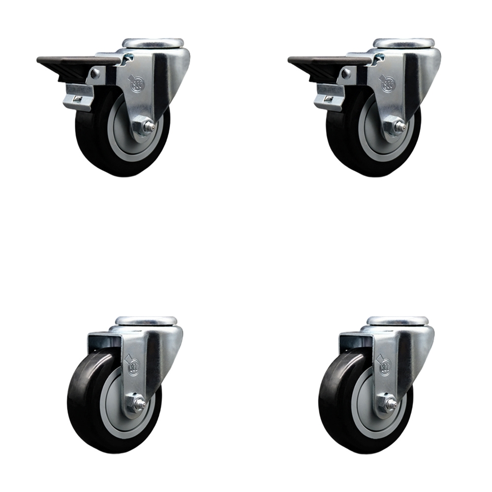 Polyurethane Swivel Bolt Hole Caster Set of 4 w/3.5" x 1.25" Black Wheels - Includes 2 with Posi Locking Brakes - 1200 lbs Total Capacity - Service Caster Brand — photo 1