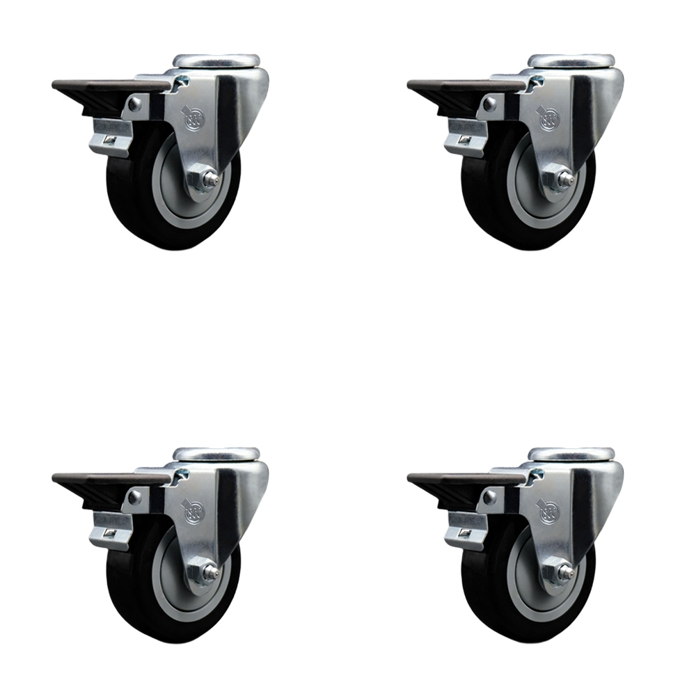 Polyurethane Swivel Bolt Hole Caster Set of 4 w/3.5" x 1.25" Black Wheels - Includes 4 Swivel with Posi Lock Brakes - 1200 lbs Total Capacity - Service Caster Brand — photo 1