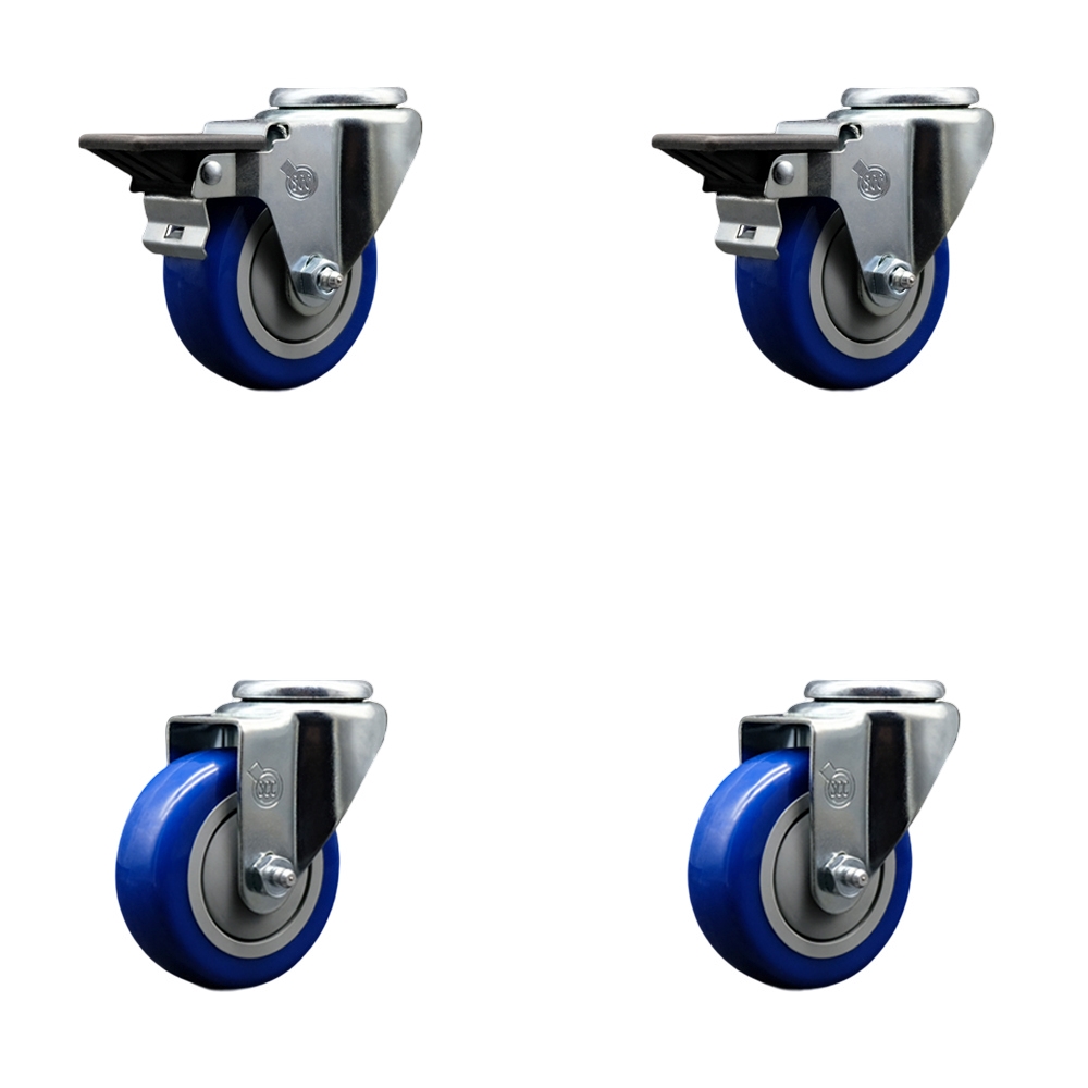 Polyurethane Swivel Bolt Hole Caster Set of 4 w/3.5" x 1.25" Blue Wheels - Includes 2 with Posi Locking Brakes - 1200 lbs Total Capacity - Service Caster Brand — photo 1