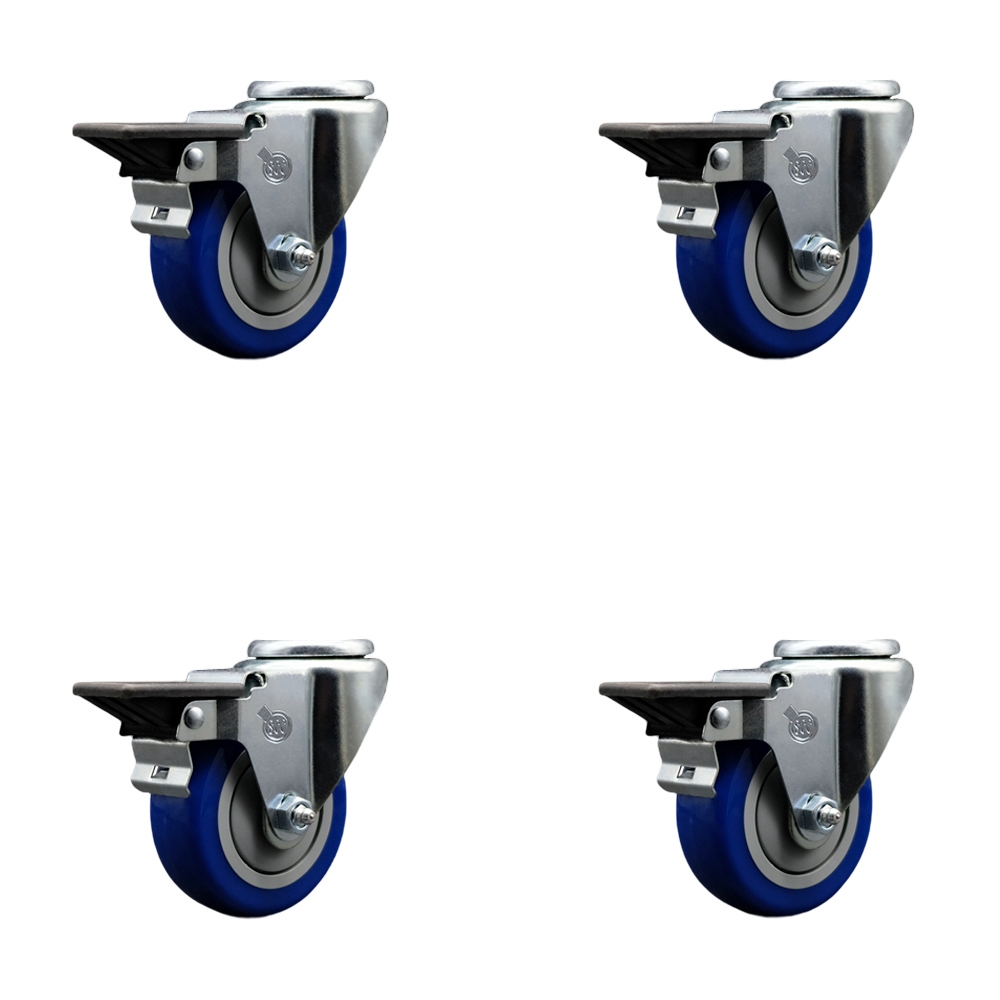 Polyurethane Swivel Bolt Hole Caster Set of 4 w/3.5" x 1.25" Blue Wheels - Includes 4 Swivel with Posi Lock Brakes - 1200 lbs Total Capacity - Service Caster Brand — photo 1