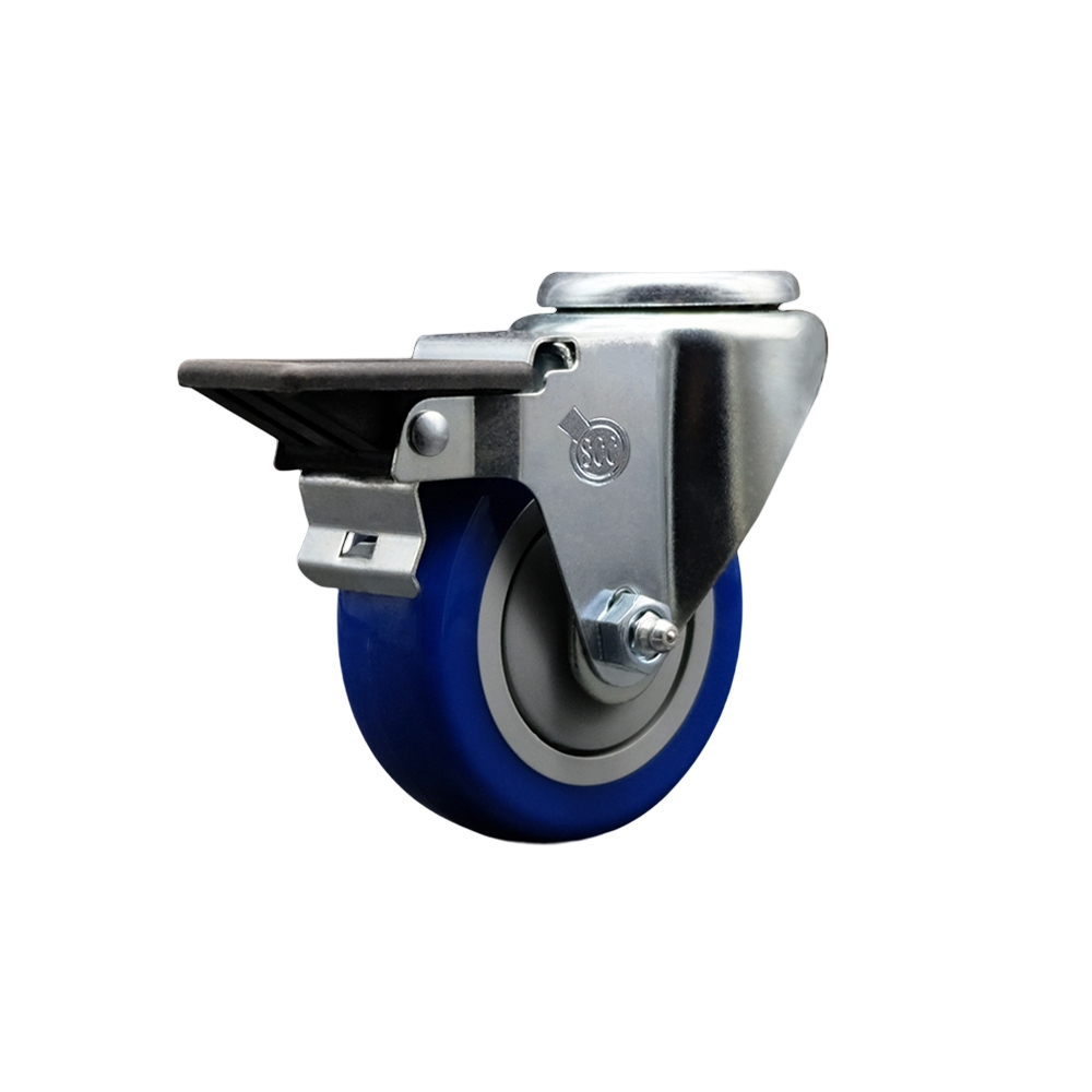 Polyurethane Swivel Bolt Hole Caster w/3.5" x 1.25" Blue Wheel & Posi Locking Brake - 300 lbs Capacity/Caster - Service Caster Brand — photo 1