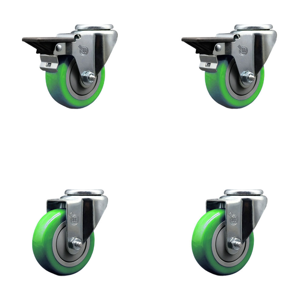 Polyurethane Swivel Bolt Hole Caster Set of 4 w/3.5" x 1.25" Green Wheels - Includes 2 with Posi Locking Brakes - 1200 lbs Total Capacity - Service Caster Brand — photo 1