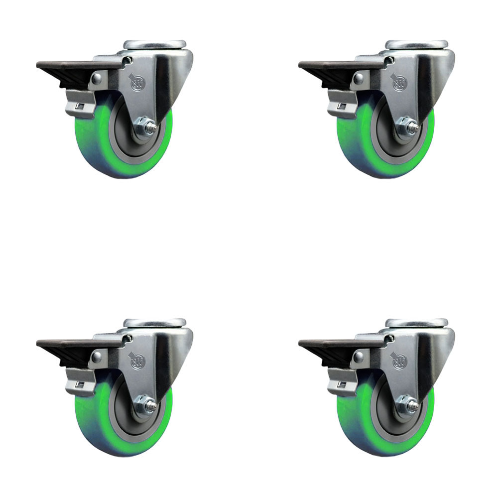 Polyurethane Swivel Bolt Hole Caster Set of 4 w/3.5" x 1.25" Green Wheels - Includes 4 Swivel with Posi Lock Brakes - 1200 lbs Total Capacity - Service Caster Brand — photo 1