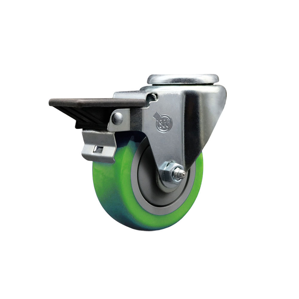 Polyurethane Swivel Bolt Hole Caster w/3.5" x 1.25" Green Wheel & Posi Locking Brake - 300 lbs Capacity/Caster - Service Caster Brand — photo 1